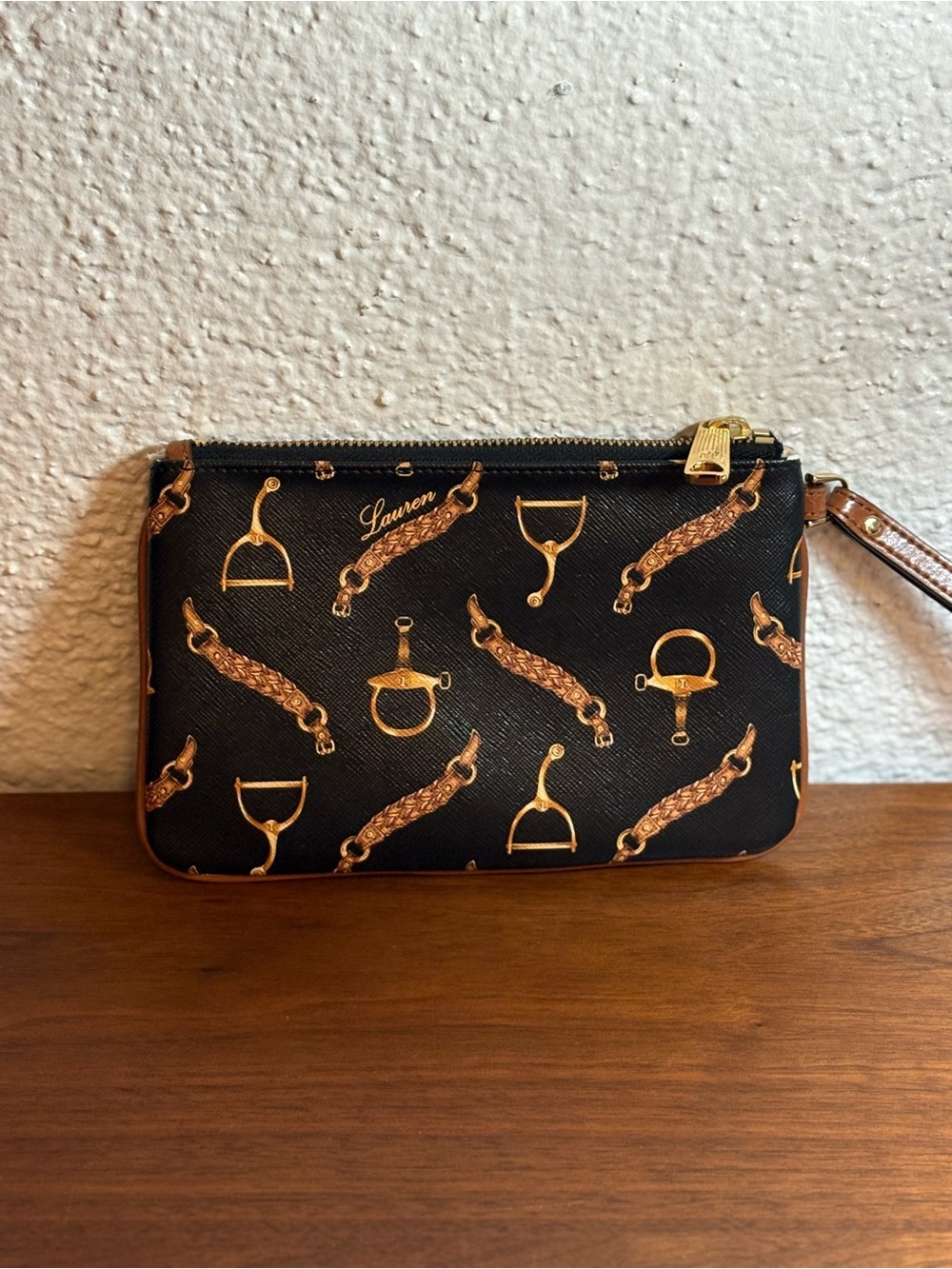 Lauren Ralph Lauren Black and Gold Equestrian Wristlet